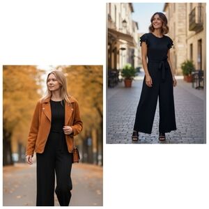 Calvin Klein Black Striped Jumpsuit pleated or ribbed texture with Belt. Size 6